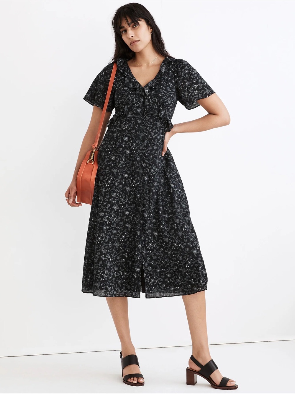 Madewell 90s Style Ruffled Tiered Midi Dress in Dotted Vines Cotton Blend Fall